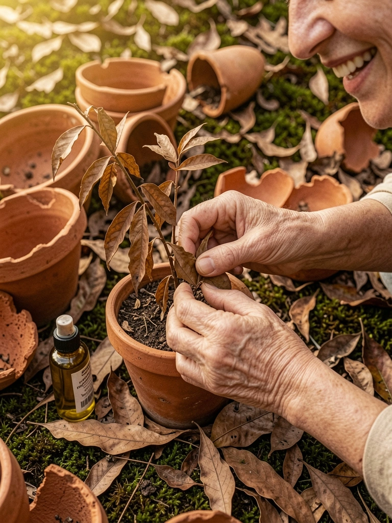 Mãos podando folhas secas de uma planta com tesoura de poda, ao lado um borrifador com óleo de neem.