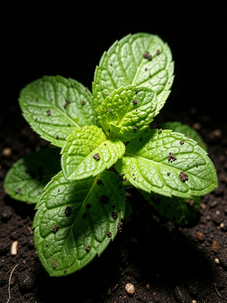 Mudas de hortelã sendo transplantadas para vaso com terra fresca, raízes expostas.
