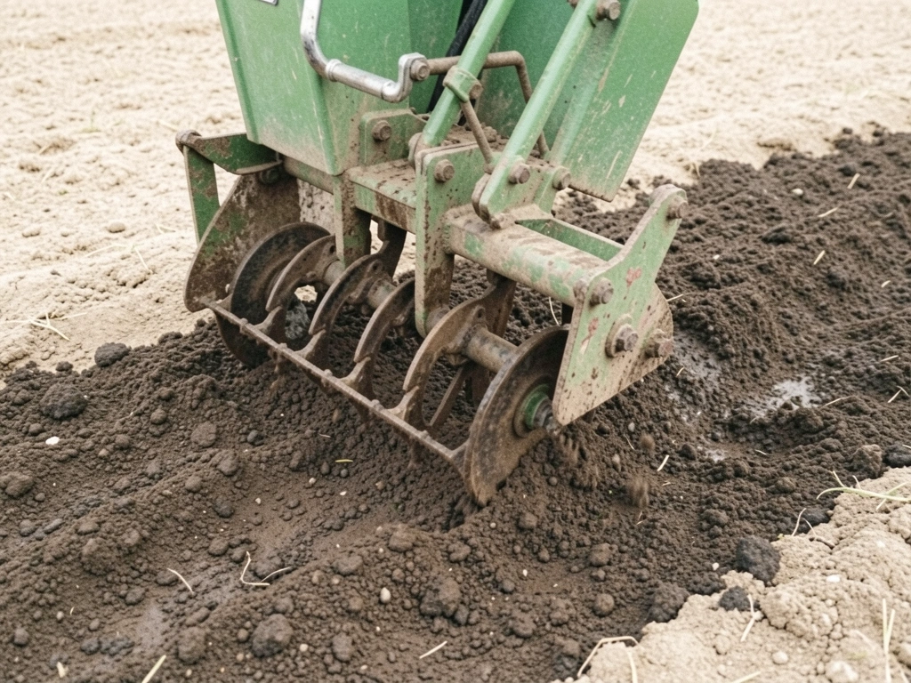 Escarificador com dentes metálicos rompendo a camada compactada do solo, levantando torrões.