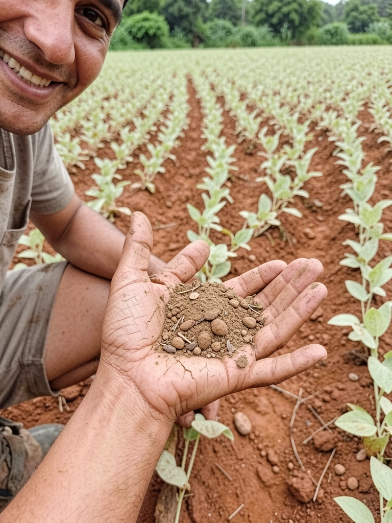Mão segurando amostra de solo areno-argiloso, com textura granular e coloração marrom clara.