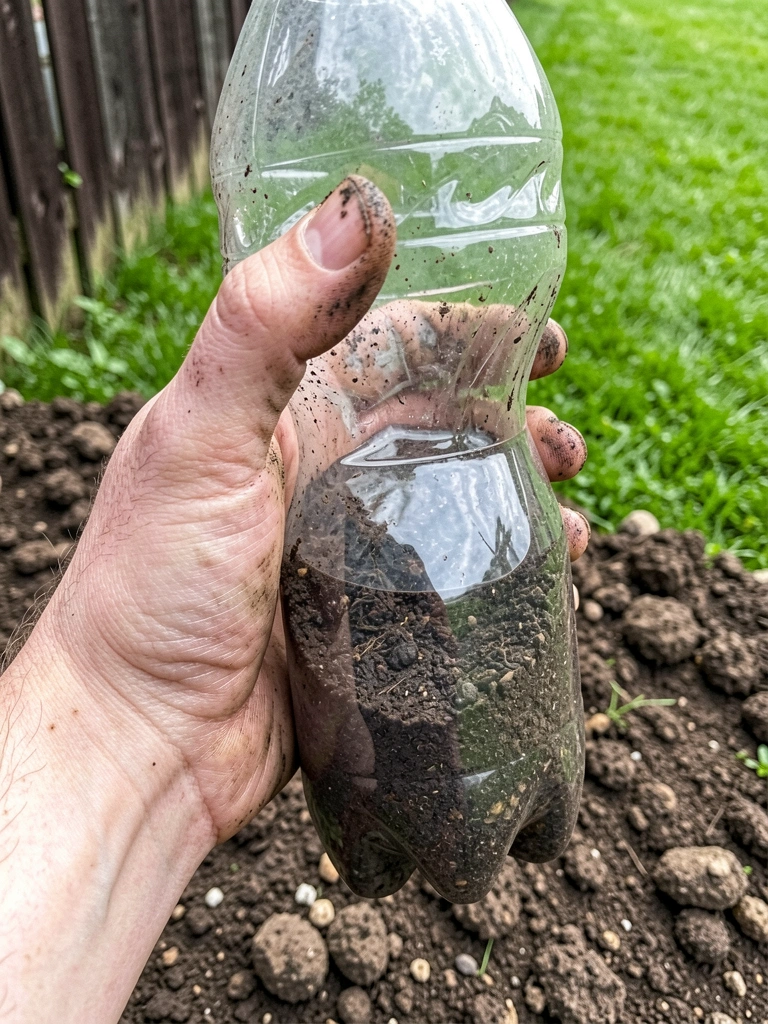 Garrafa PET cortada ao meio, preenchida com terra e água, usada como recipiente para teste de germinação.