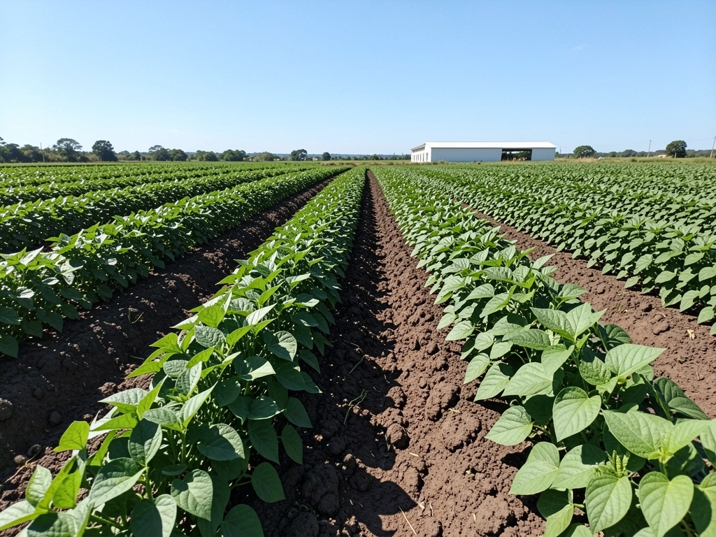 Campo de feijão carioca e preto com sulcos de aração paralelos.
