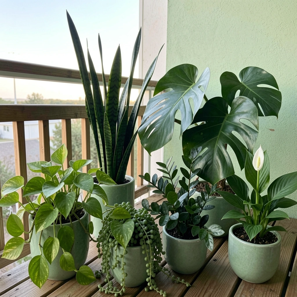 Varanda com vasos de plantas verdes sob luz suave.