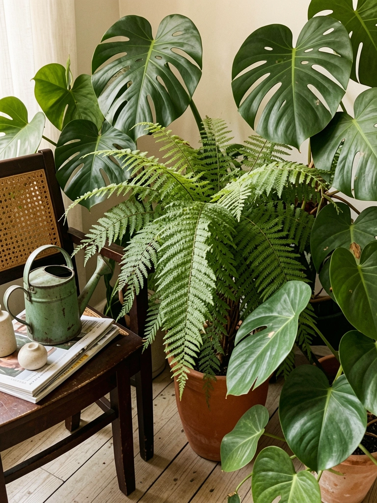 Aspargo pluma em vaso de cerâmica sob luz indireta.