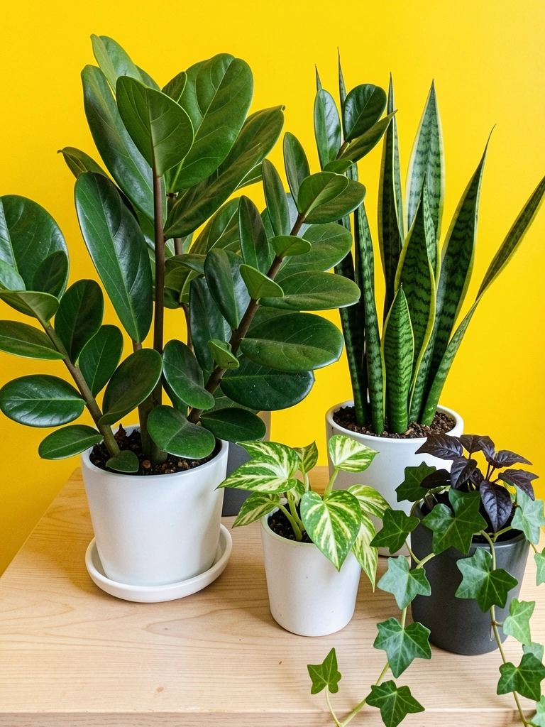 Vaso com zamioculca de folhas verdes e brilhantes.