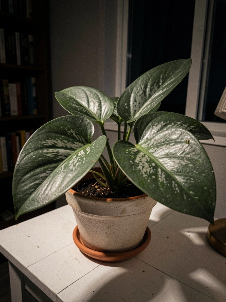 Folhas de maranta abertas durante a noite, com padrões verde-escuros e claros visíveis.