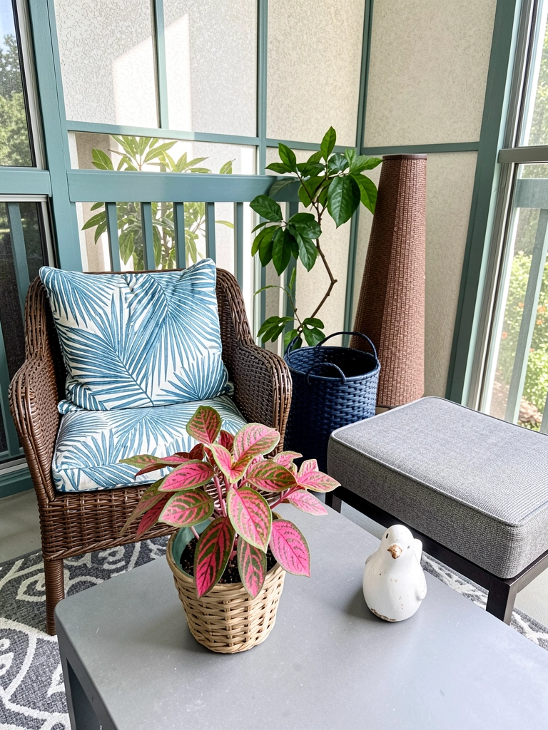 Folhas de fitônia com nervuras rosadas e verdes em primeiro plano.
