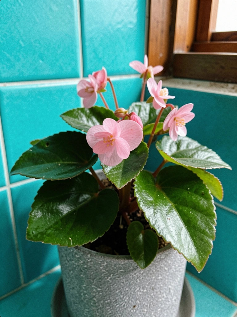 Vaso com begônia de flores rosa em ambiente interno.