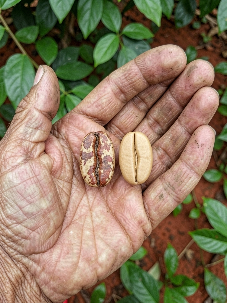 Duas sementes lado a lado: à esquerda, sementes crioulas variadas em cores e tamanhos; à direita, sementes transgênicas uniformes e idênticas.
