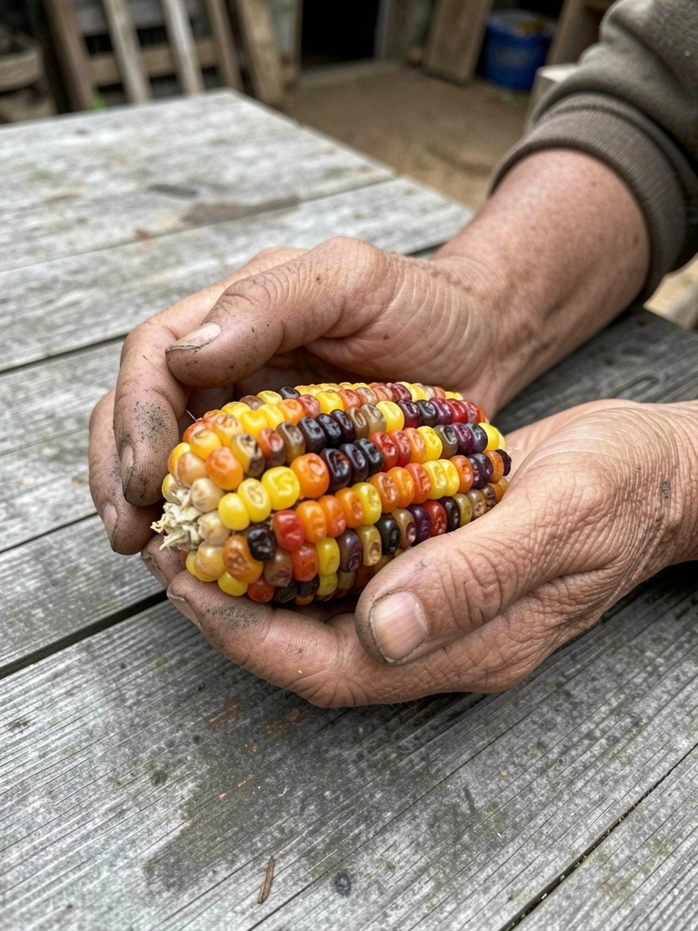 Mãos com terra segurando sementes de milho em tons de vermelho, azul e amarelo.