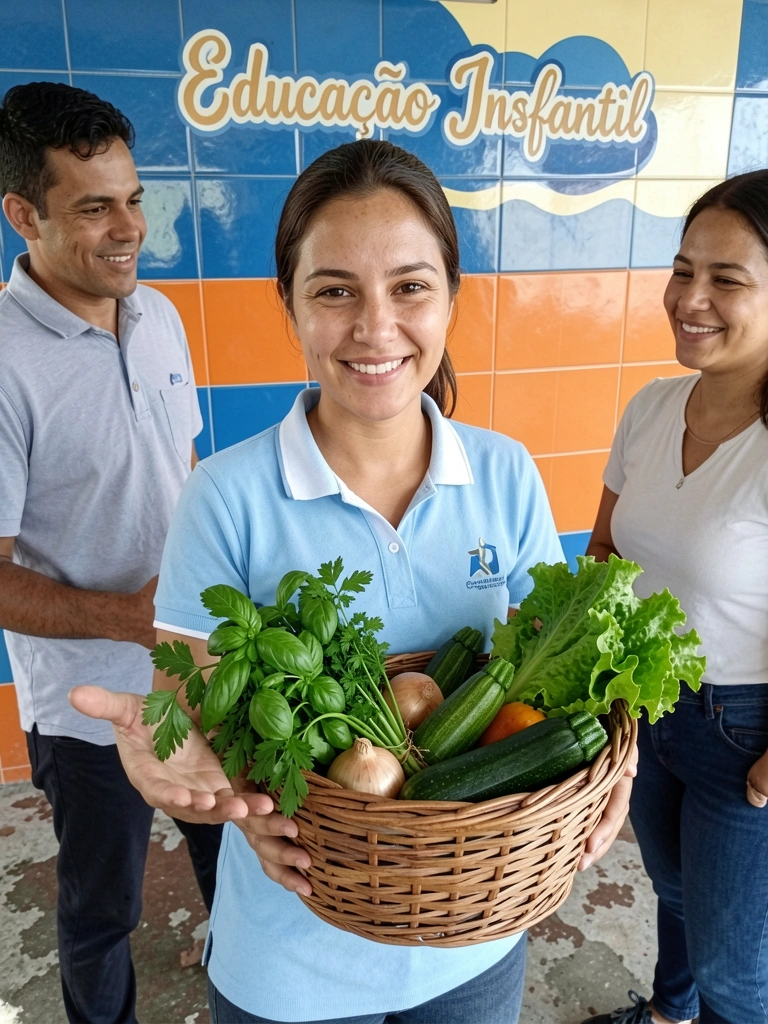 Professora aponta para quadro com desenho de horta enquanto colegas observam.