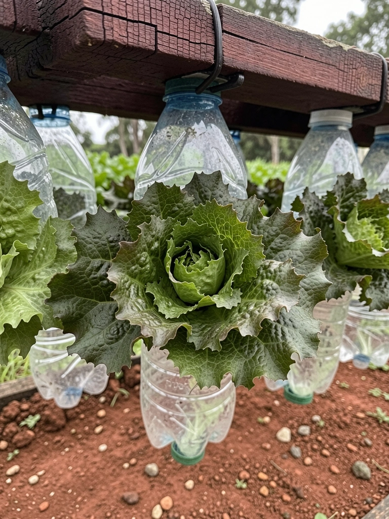 Garrafas PET cortadas ao meio penduradas em um suporte de madeira, com terra e mudas verdes.
