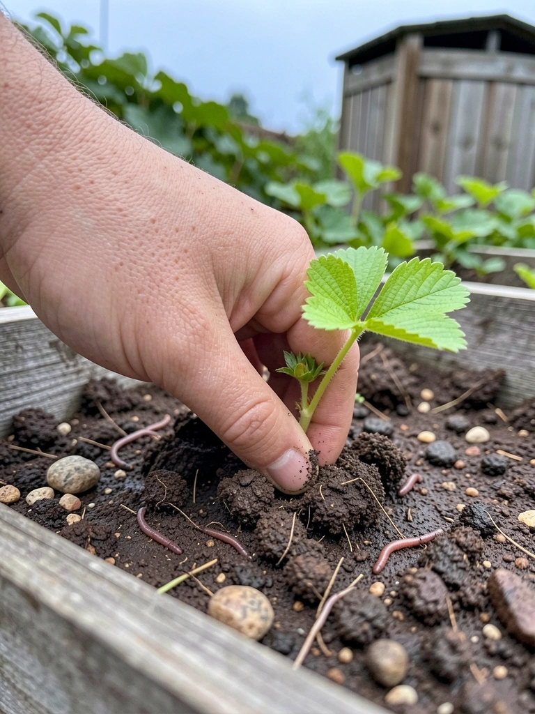 Caixa de compostagem com minhocas no chão de terra, ao lado de uma horta escolar.