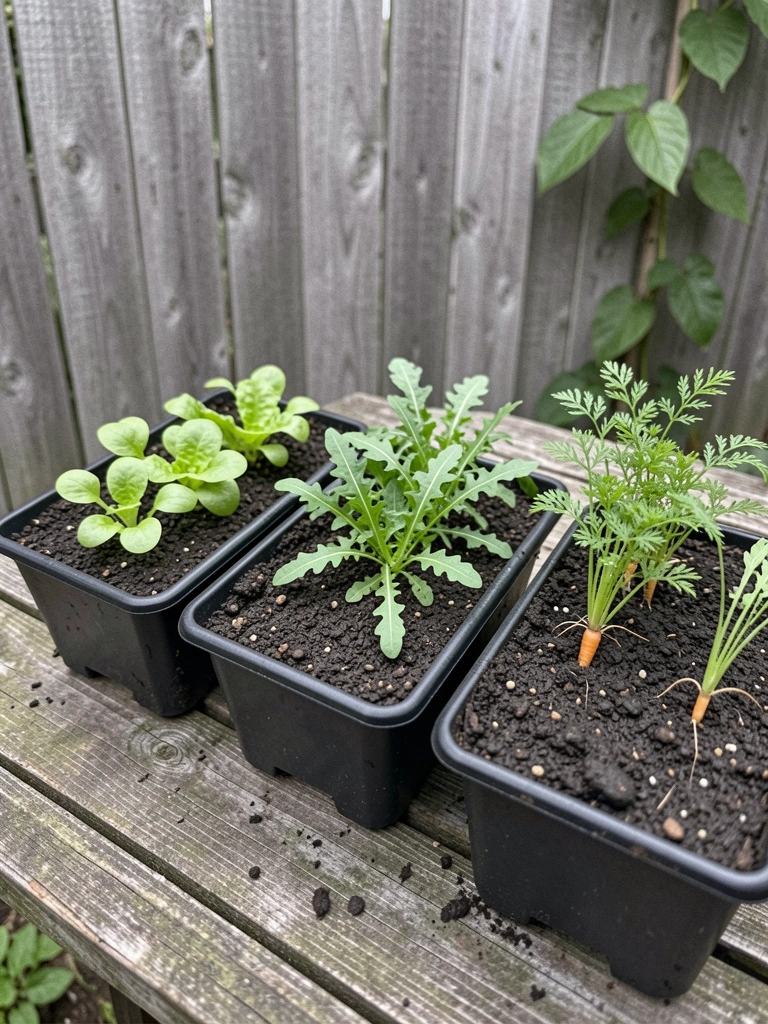 Mudas de alface, rúcula e cenoura em bandejas de germinação sobre mesa de madeira.