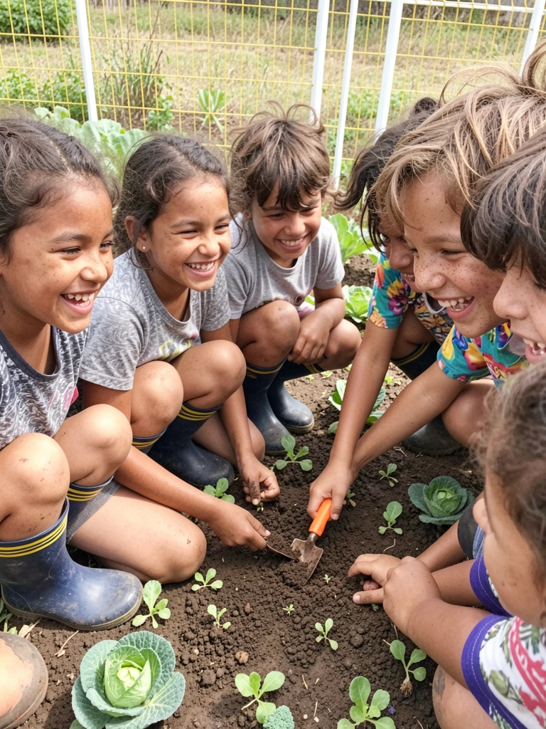 Crianças com as mãos sujas de terra plantando sementes em um canteiro elevado.