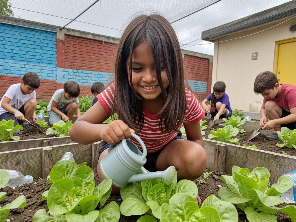 Criança pequena segurando regador infantil e regando plantas em uma horta.