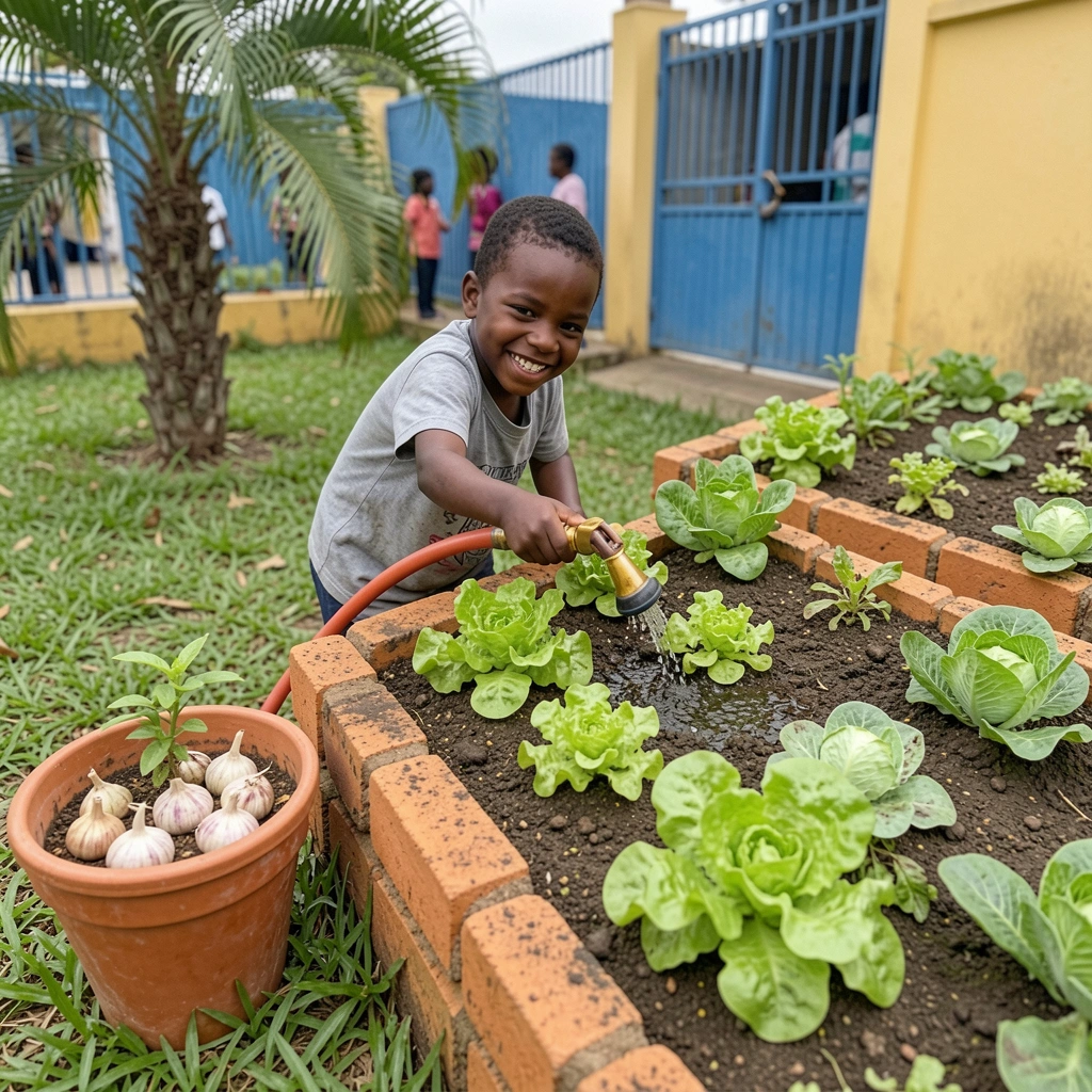 Criança segurando mangueira com jato suave de água sobre plantas em canteiro.