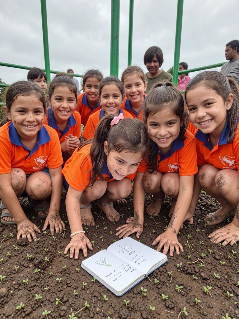 Caderno aberto com desenhos de plantas e anotações de medições sobre uma mesa de madeira.