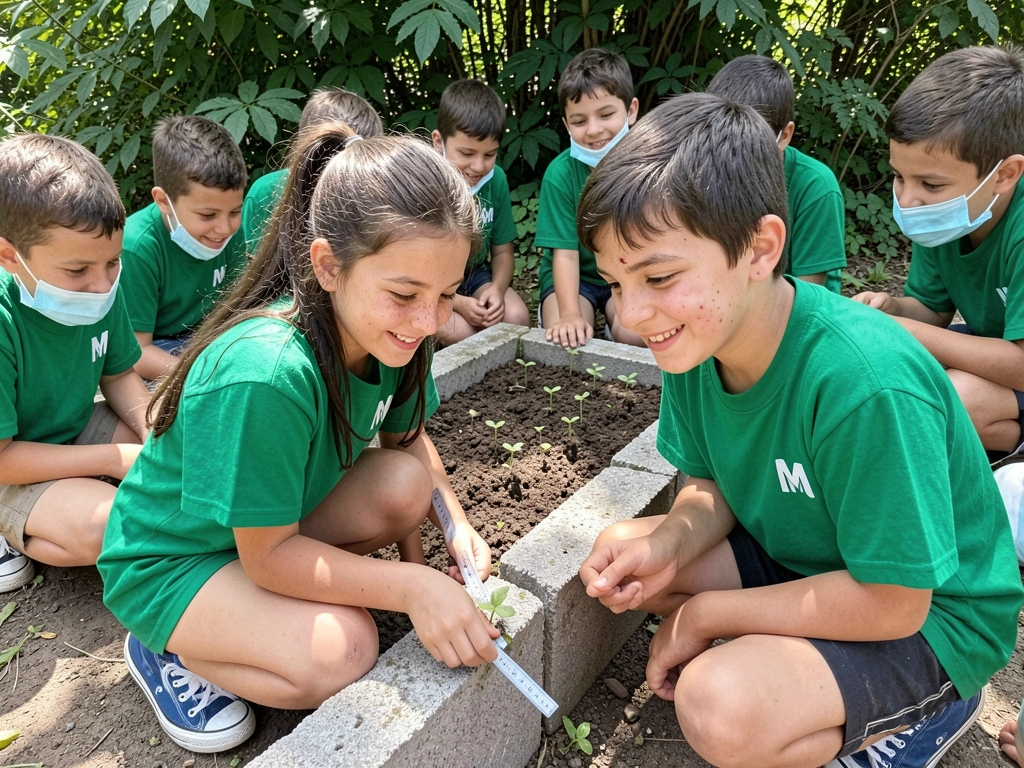 Crianças medindo a altura de uma planta com uma régua em uma horta escolar.
