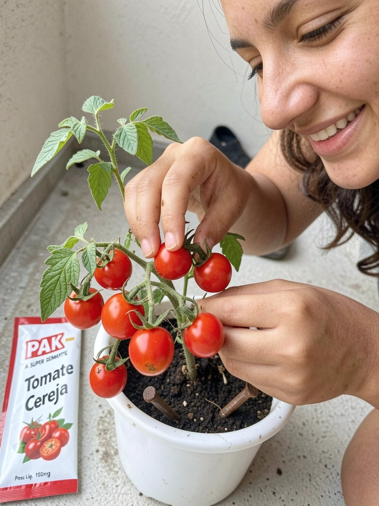 Mão colhendo tomates cereja maduros em vaso na varanda.
