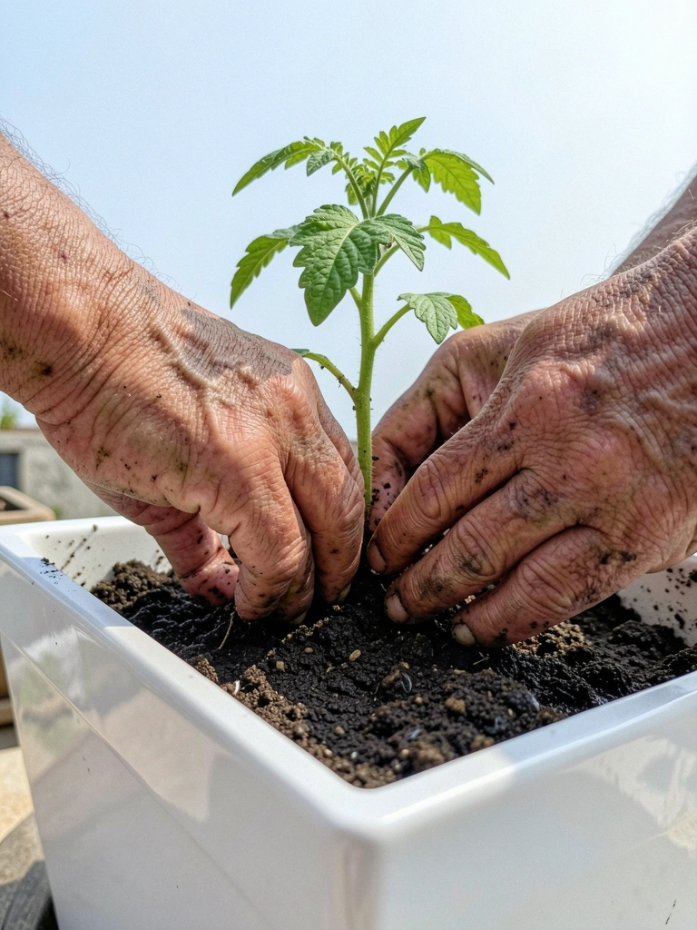 Mãos sujas de terra plantando uma muda verde em um vaso de cerâmica.