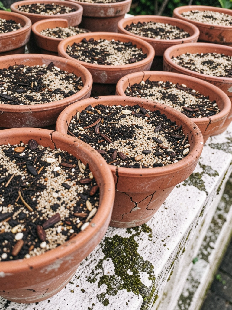Mistura de terra, composto orgânico e areia em um recipiente de barro.