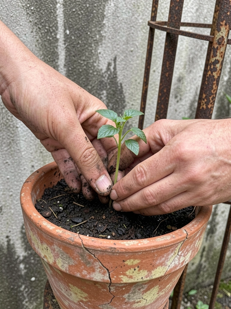 Mãos colocando uma muda de tomate cereja em um vaso com substrato.