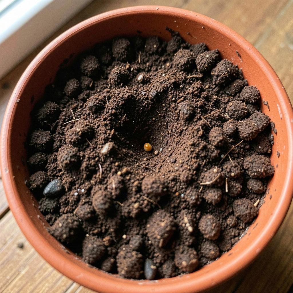 Semente de tomate cereja enterrada a 0,5 cm de profundidade em substrato úmido.