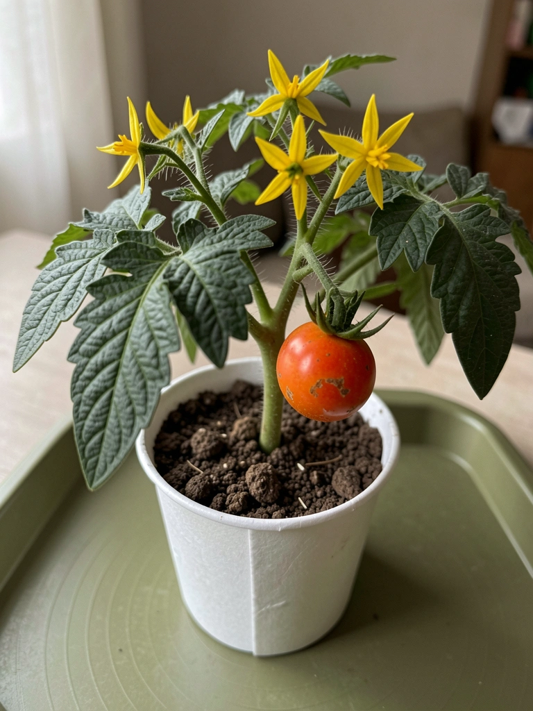 Tomateiro com flores amarelas e frutos verdes em vaso, folhas saudáveis.