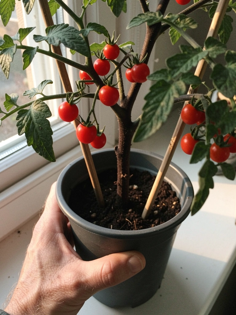Vaso de cerâmica marrom com tomate cereja no parapeito de uma janela, iluminado pela luz da manhã.