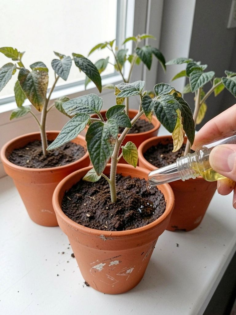 Grânulos de fertilizante NPK sendo espalhados sobre o solo em um vaso.