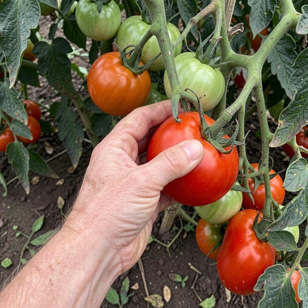 Mão colhendo tomates vermelhos maduros do cacho.