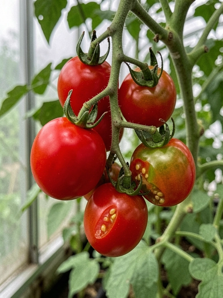 Tomate cereja vermelho e brilhante pendurado no pé da planta.