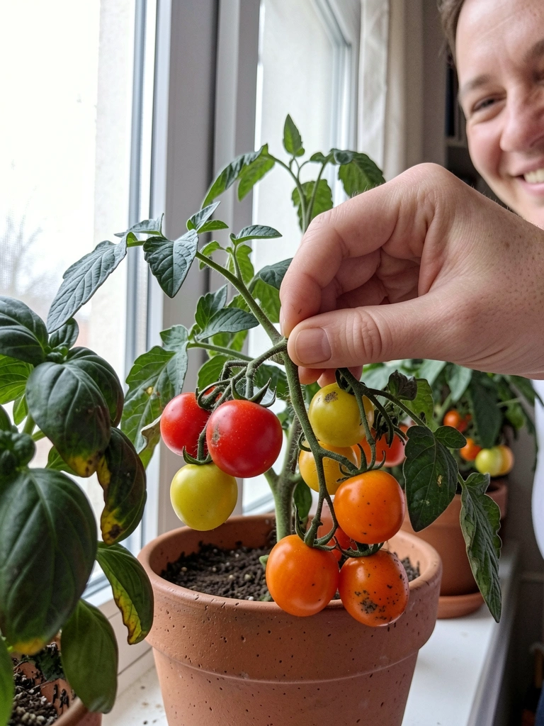 Mão torcendo delicadamente o talo de um tomate cereja maduro.